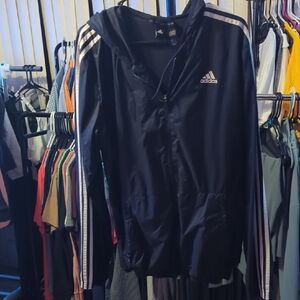 Adidas Men's Navy Windbreaker with White Stripes